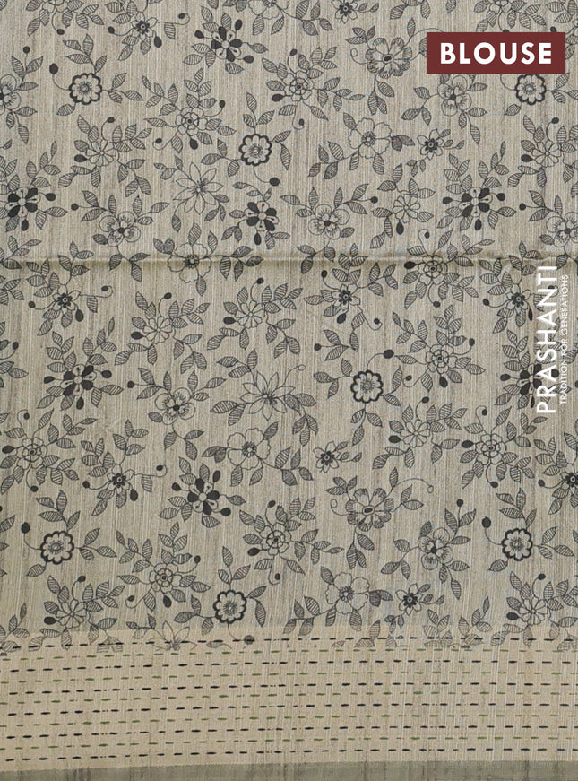 Semi dupion saree sap green and beige with plain body and madhubani printed pallu