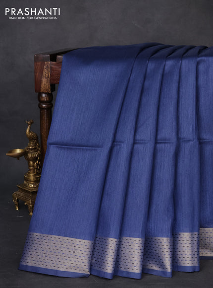 Semi dupion saree blue and beige with plain body and madhubani printed pallu