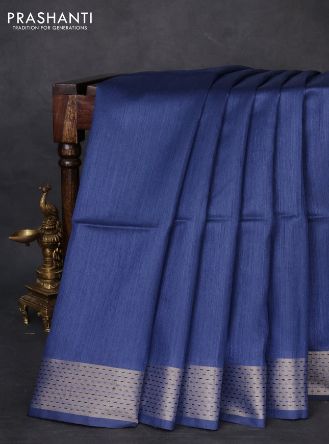 Semi dupion saree blue and beige with plain body and madhubani printed pallu