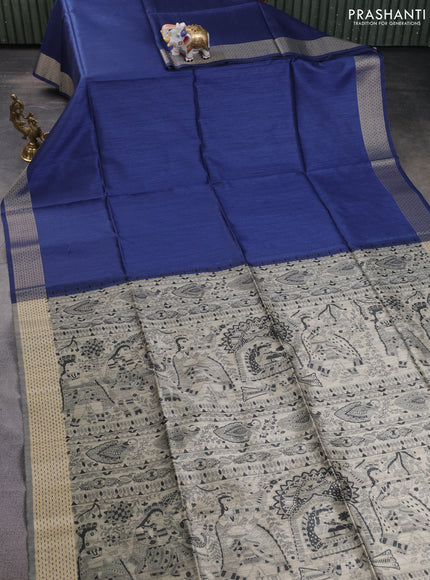 Semi dupion saree blue and beige with plain body and madhubani printed pallu