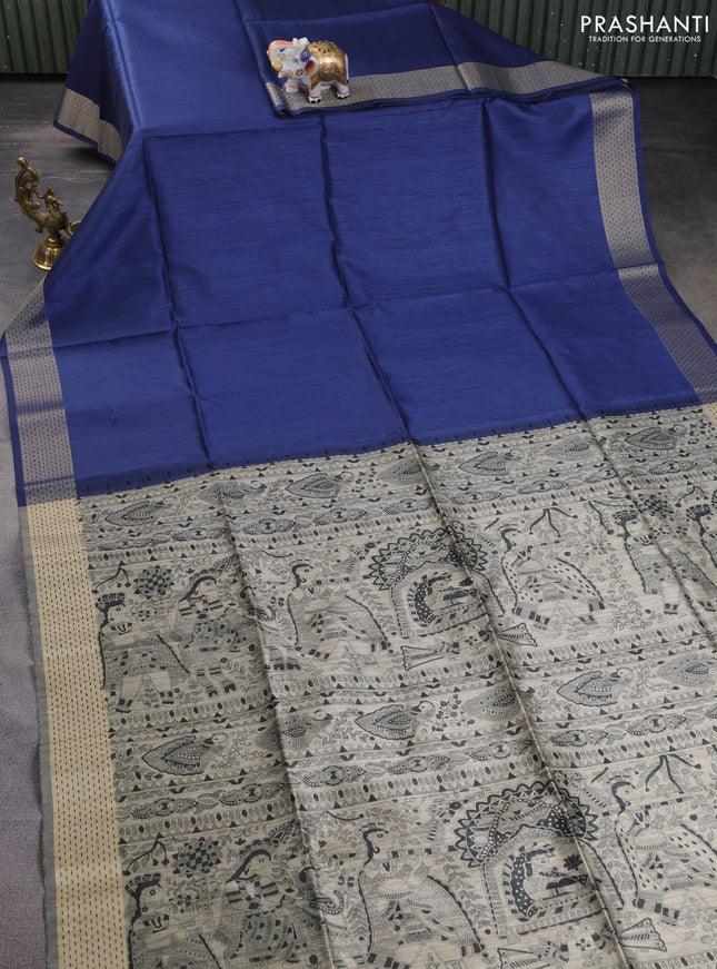Semi dupion saree blue and beige with plain body and madhubani printed pallu