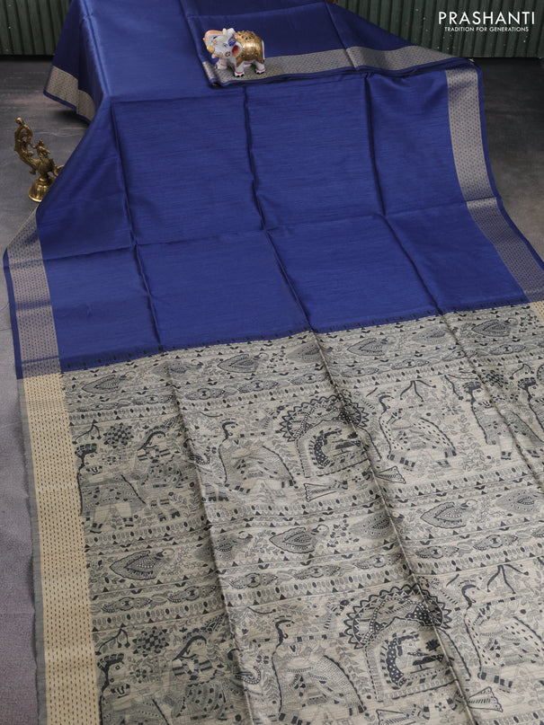 Semi dupion saree blue and beige with plain body and madhubani printed pallu