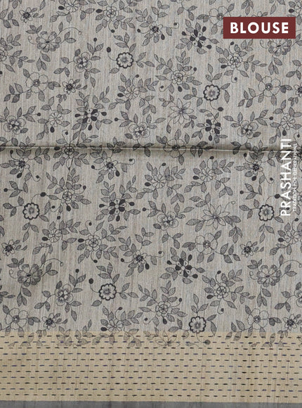 Semi dupion saree blue and beige with plain body and madhubani printed pallu