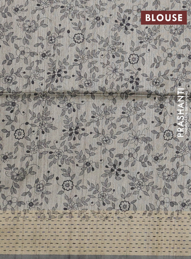 Semi dupion saree blue and beige with plain body and madhubani printed pallu