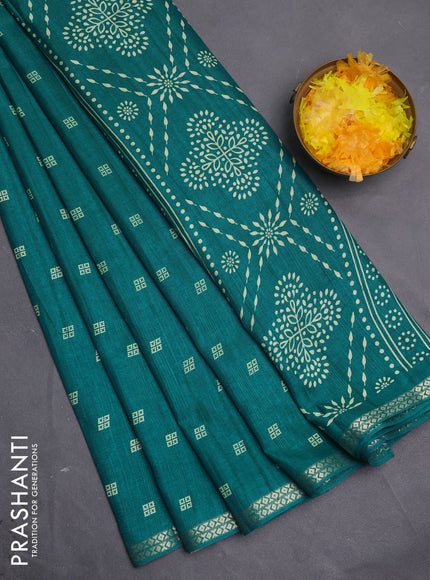 Semi raw silk saree teal green with butta prints and zari woven border