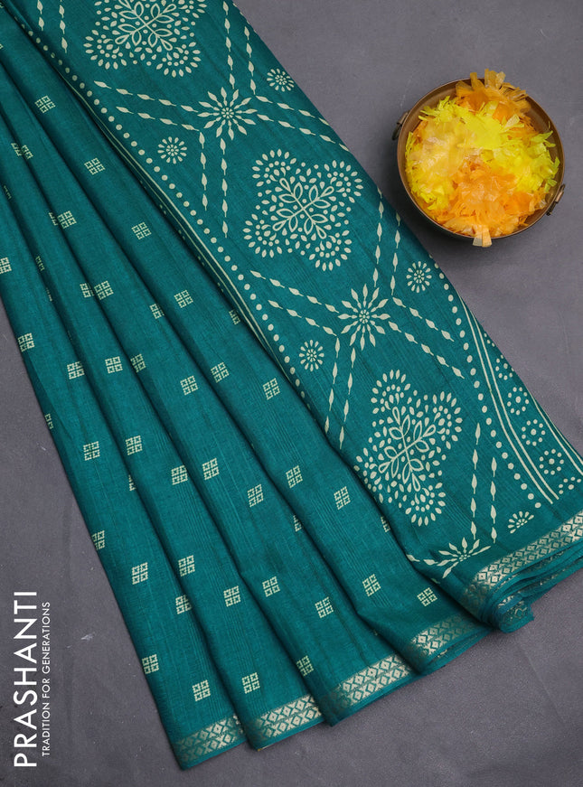 Semi raw silk saree teal green with butta prints and zari woven border