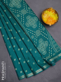 Semi raw silk saree teal green with butta prints and zari woven border