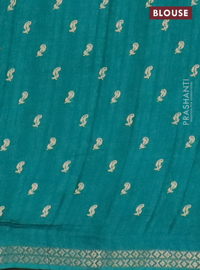 Semi raw silk saree teal green with butta prints and zari woven border