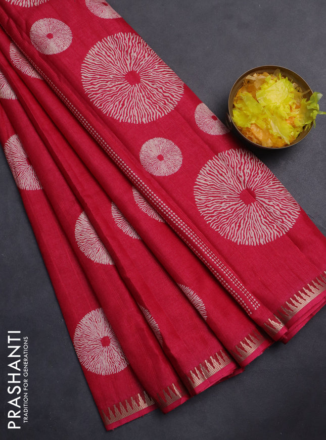 Semi raw silk saree pink with butta prints and temple design zari woven border