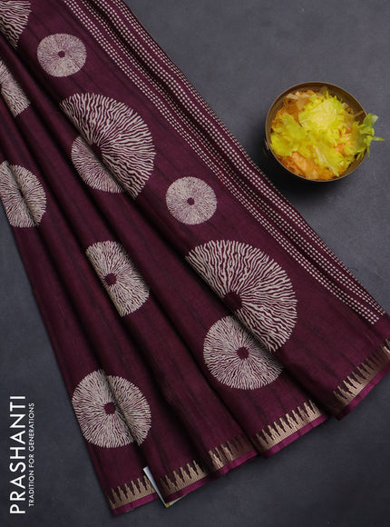 Semi raw silk saree wine shade with butta prints and temple design zari woven border