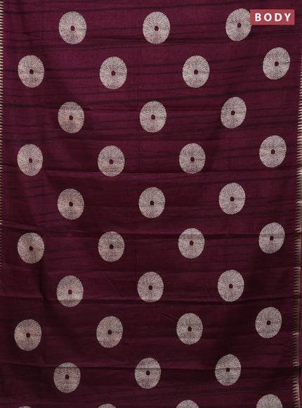Semi raw silk saree wine shade with butta prints and temple design zari woven border