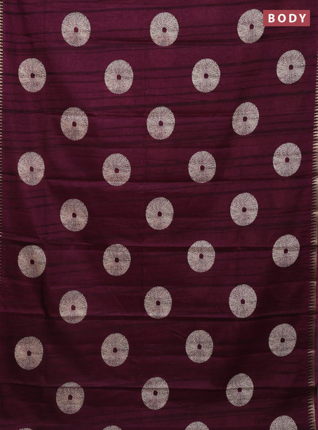 Semi raw silk saree wine shade with butta prints and temple design zari woven border