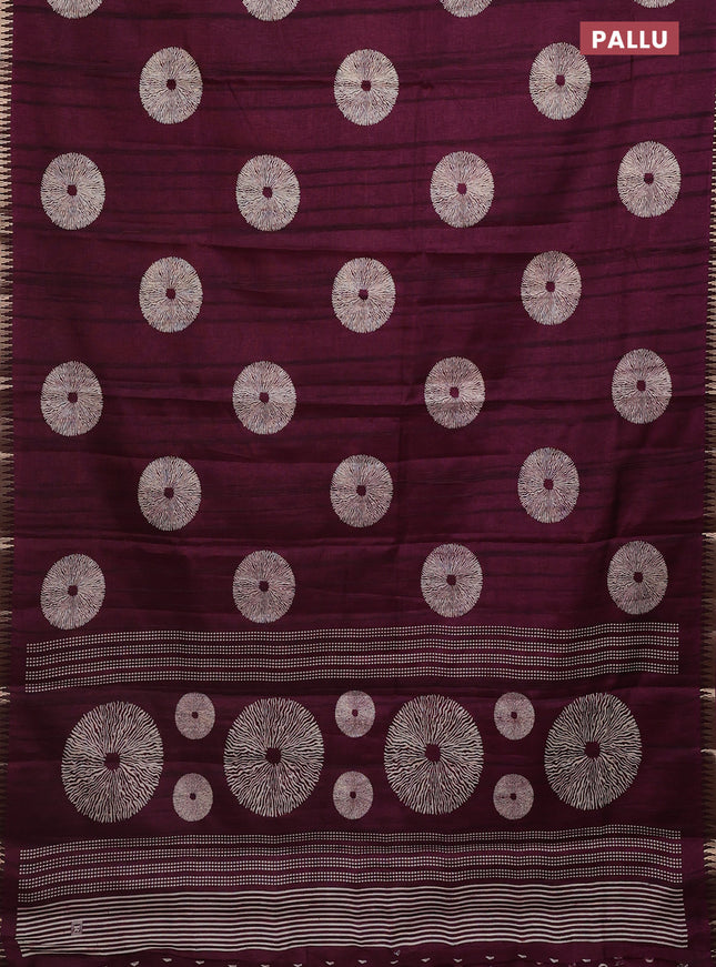 Semi raw silk saree wine shade with butta prints and temple design zari woven border