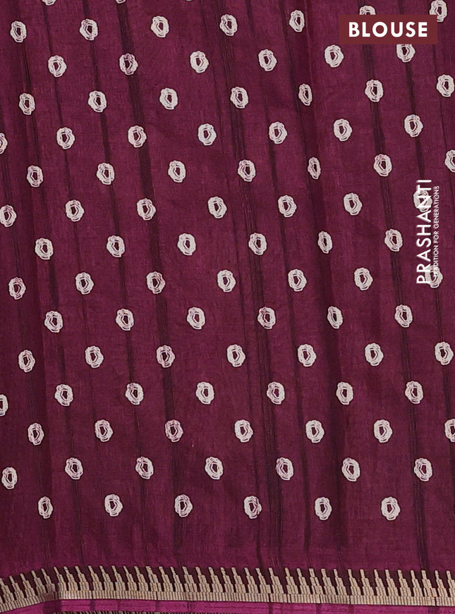 Semi raw silk saree wine shade with butta prints and temple design zari woven border