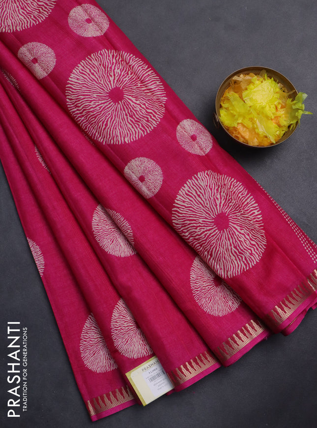 Semi raw silk saree pink with butta prints and temple design zari woven border