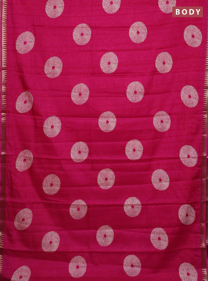 Semi raw silk saree pink with butta prints and temple design zari woven border