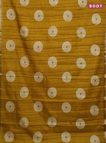 Semi raw silk saree mustard yellow with butta prints and temple design zari woven border