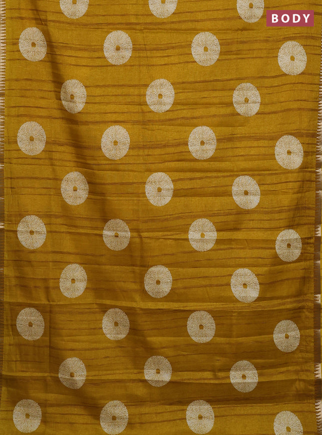 Semi raw silk saree mustard yellow with butta prints and temple design zari woven border