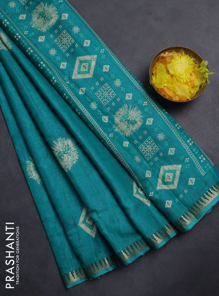 Semi raw silk saree teal green with butta prints and temple design zari woven border