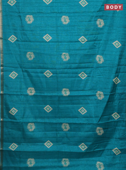 Semi raw silk saree teal green with butta prints and temple design zari woven border