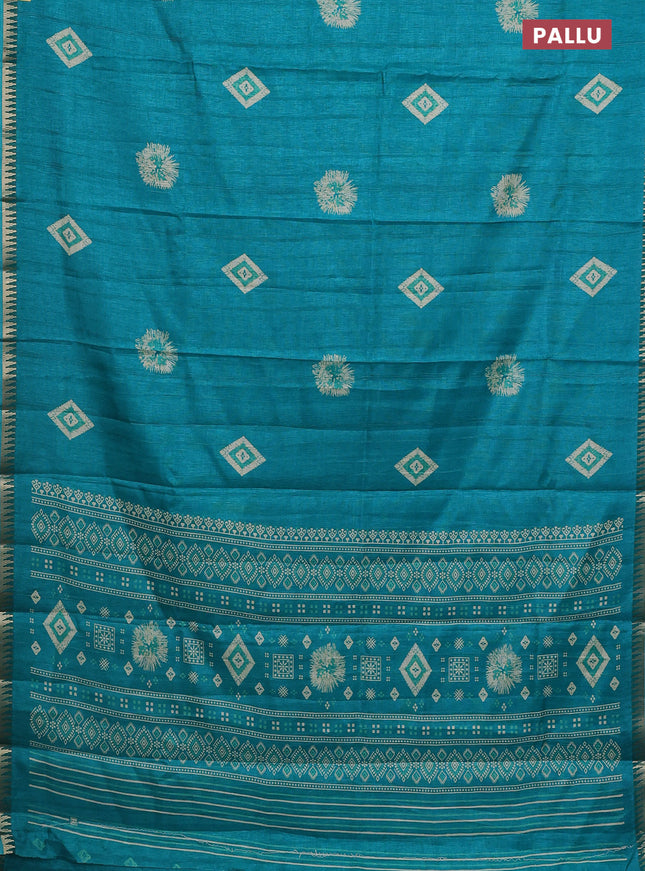 Semi raw silk saree teal green with butta prints and temple design zari woven border