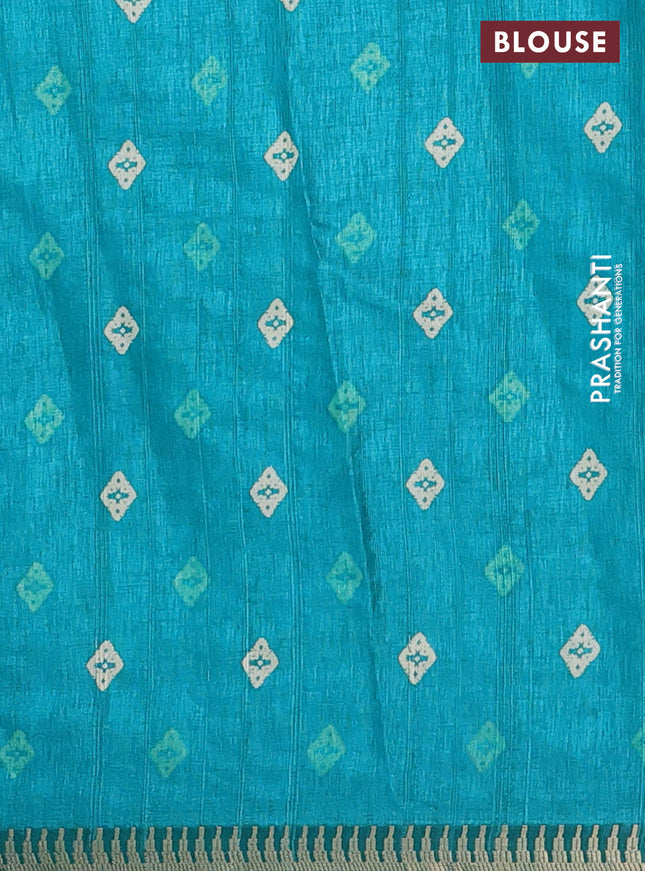 Semi raw silk saree teal green with butta prints and temple design zari woven border