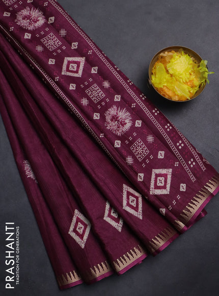 Semi raw silk saree wine shade with butta prints and temple design zari woven border