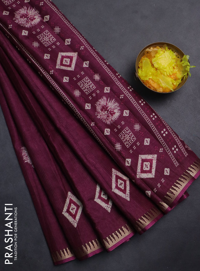 Semi raw silk saree wine shade with butta prints and temple design zari woven border