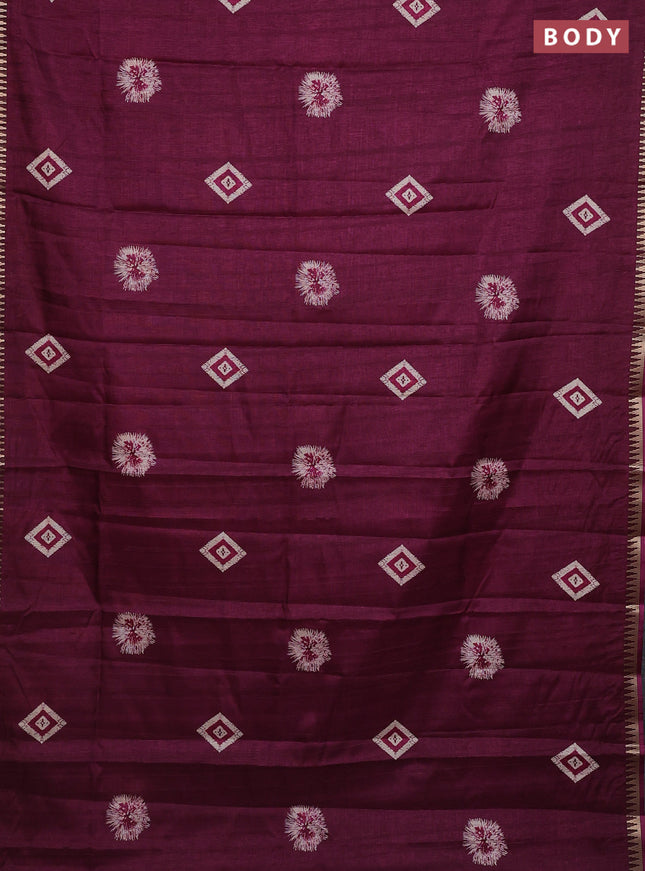 Semi raw silk saree wine shade with butta prints and temple design zari woven border
