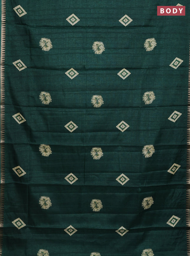 Semi raw silk saree dark green with butta prints and temple design zari woven border
