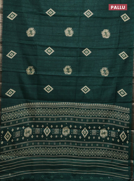 Semi raw silk saree dark green with butta prints and temple design zari woven border
