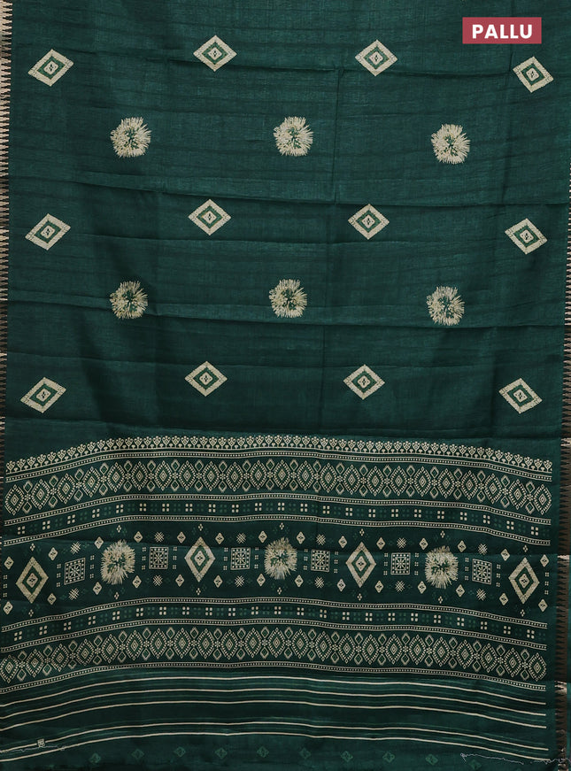 Semi raw silk saree dark green with butta prints and temple design zari woven border