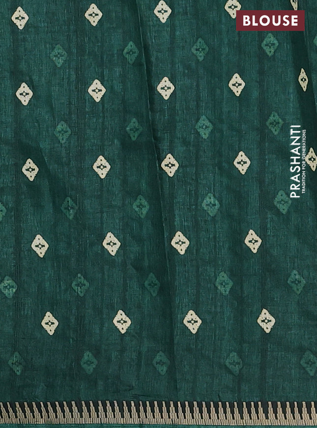 Semi raw silk saree dark green with butta prints and temple design zari woven border