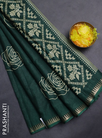 Semi raw silk saree dark green with floral butta prints and temple design zari woven border