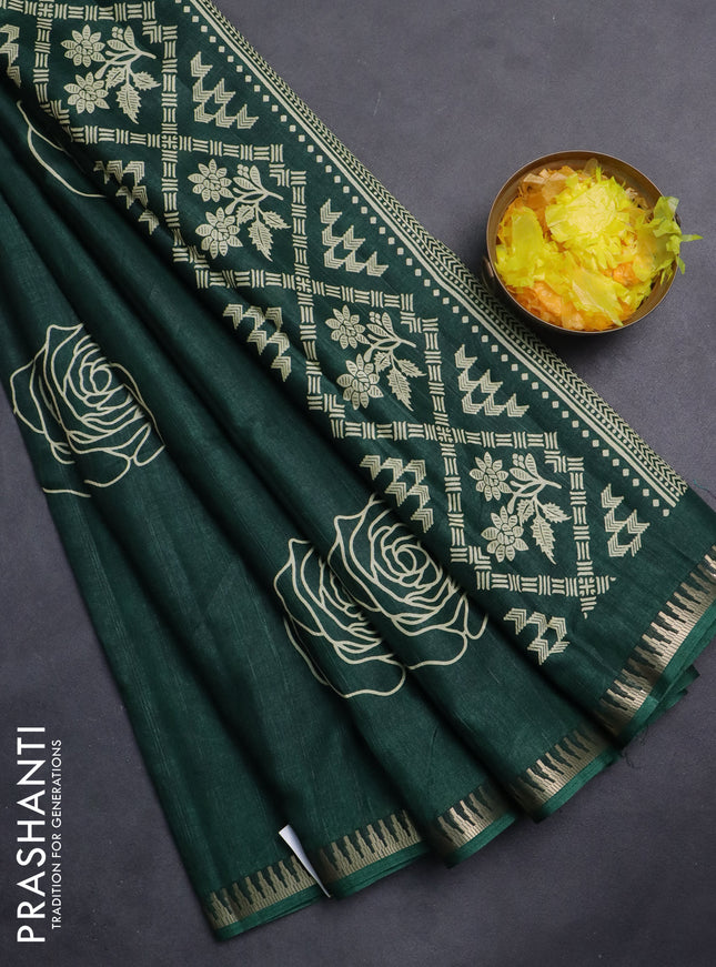 Semi raw silk saree dark green with floral butta prints and temple design zari woven border