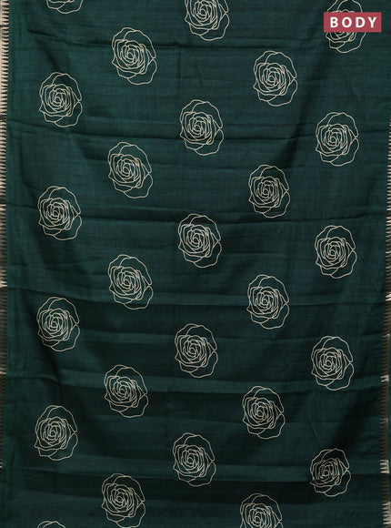Semi raw silk saree dark green with floral butta prints and temple design zari woven border