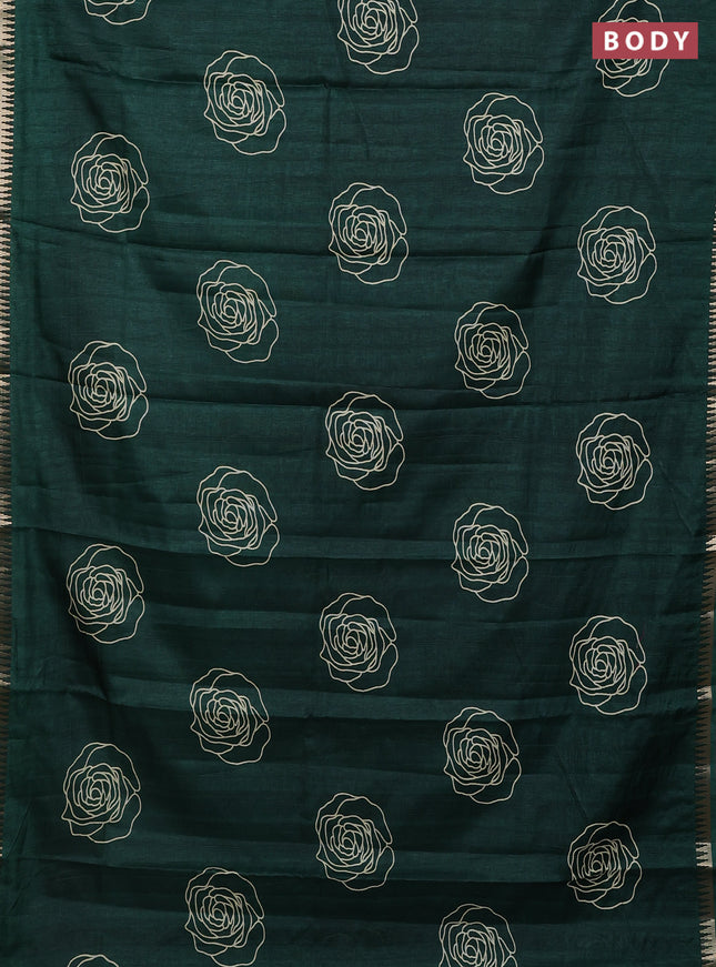 Semi raw silk saree dark green with floral butta prints and temple design zari woven border