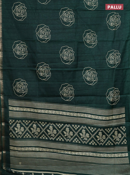 Semi raw silk saree dark green with floral butta prints and temple design zari woven border