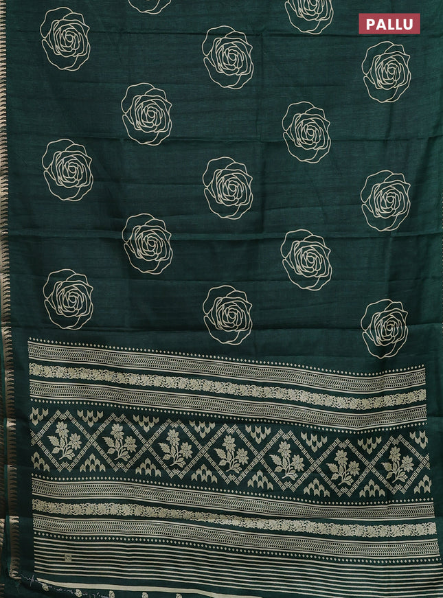 Semi raw silk saree dark green with floral butta prints and temple design zari woven border