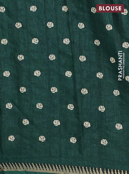 Semi raw silk saree dark green with floral butta prints and temple design zari woven border
