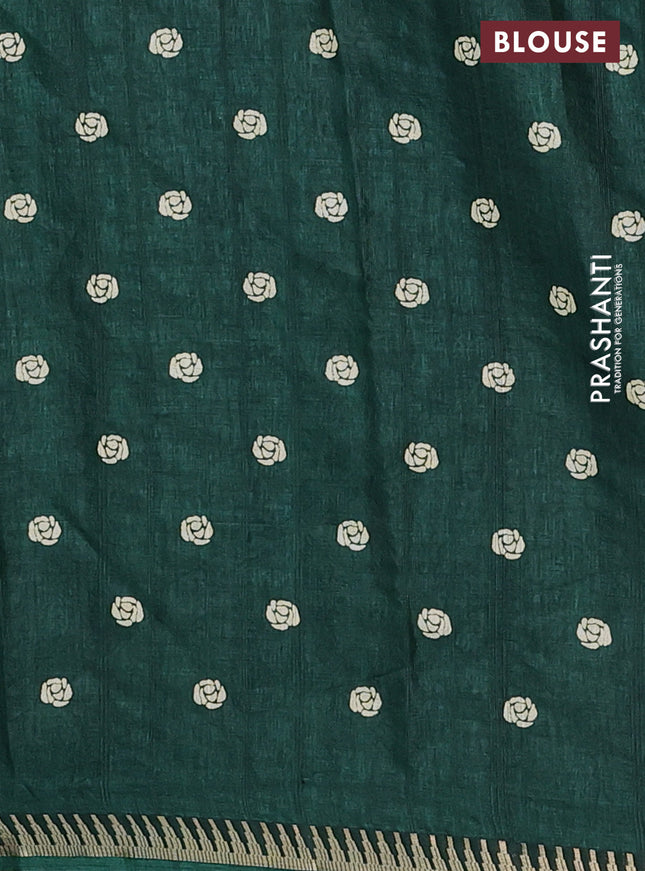 Semi raw silk saree dark green with floral butta prints and temple design zari woven border