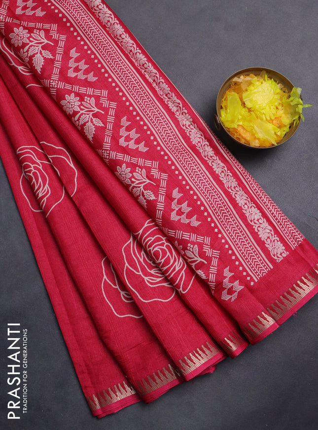 Semi raw silk saree pink with floral butta prints and temple design zari woven border