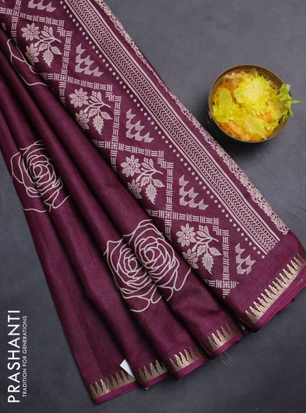 Semi raw silk saree wine shade with floral butta prints and temple design zari woven border