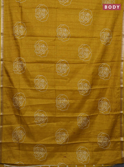 Semi raw silk saree mustard yellow with floral butta prints and temple design zari woven border