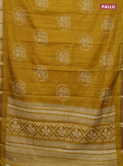 Semi raw silk saree mustard yellow with floral butta prints and temple design zari woven border