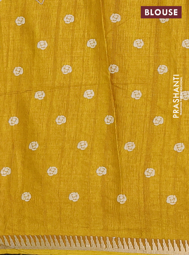Semi raw silk saree mustard yellow with floral butta prints and temple design zari woven border