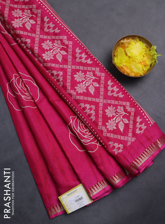 Semi raw silk saree pink with floral butta prints and temple design zari woven border