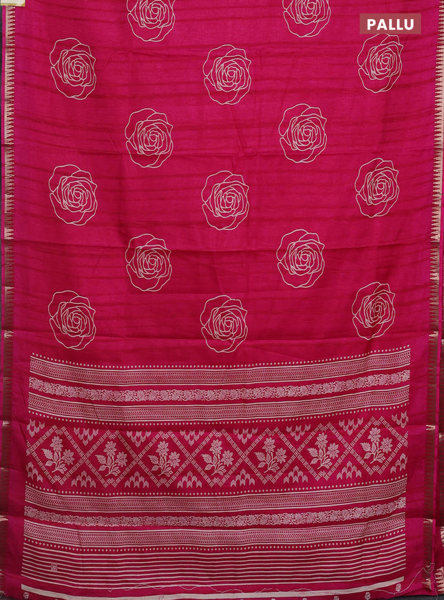 Semi raw silk saree pink with floral butta prints and temple design zari woven border