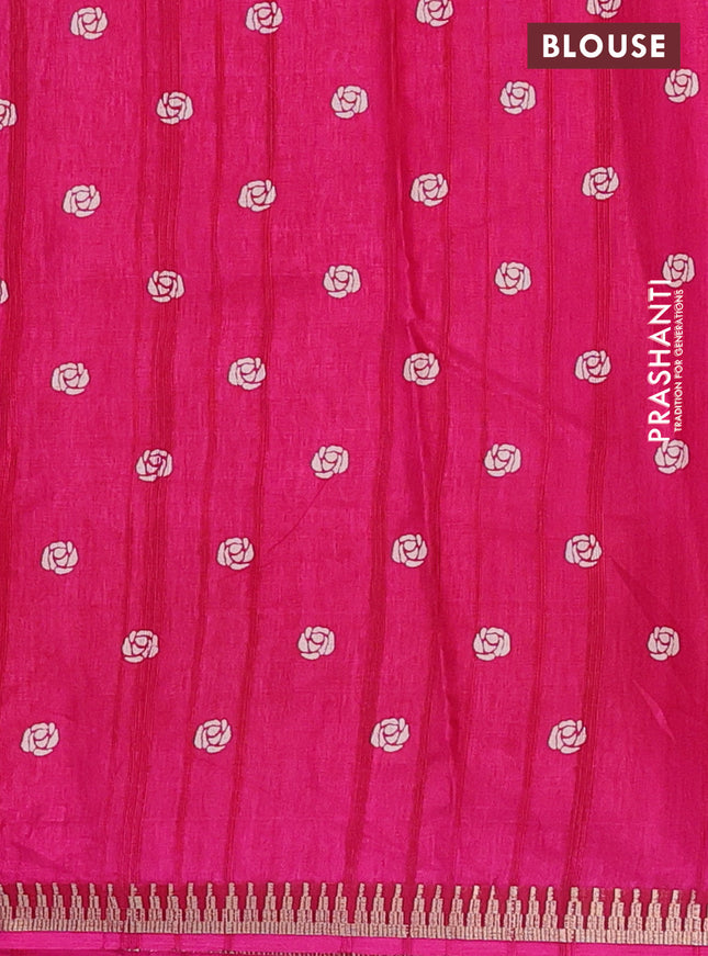Semi raw silk saree pink with floral butta prints and temple design zari woven border