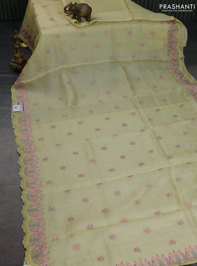 Pure organza silk saree lime yellow with embroidery buttas and embroidery border